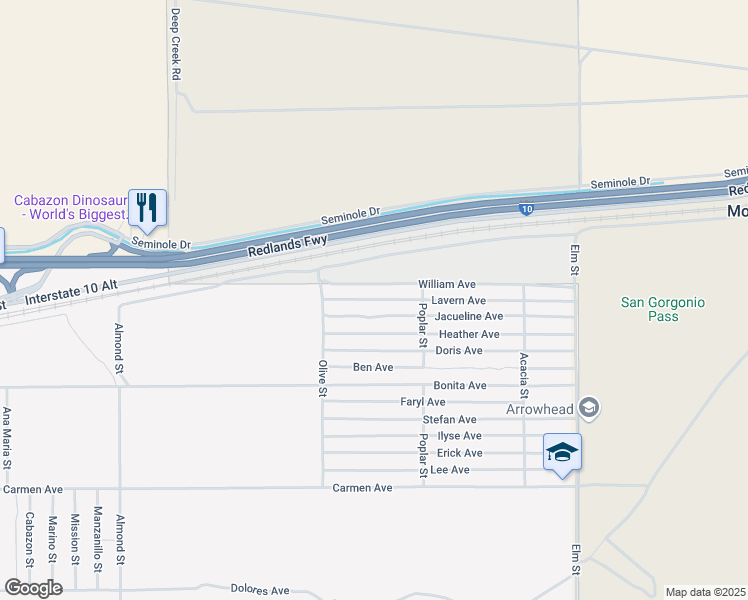 map of restaurants, bars, coffee shops, grocery stores, and more near Lavern Avenue in Cabazon