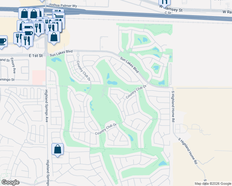 map of restaurants, bars, coffee shops, grocery stores, and more near 5403 Moody Drive in Banning