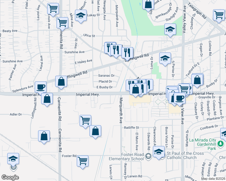 map of restaurants, bars, coffee shops, grocery stores, and more near 13734 East Busby Drive in Whittier