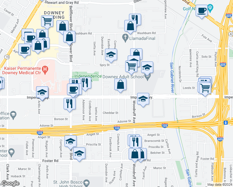 map of restaurants, bars, coffee shops, grocery stores, and more near 9763 Imperial Highway in Downey