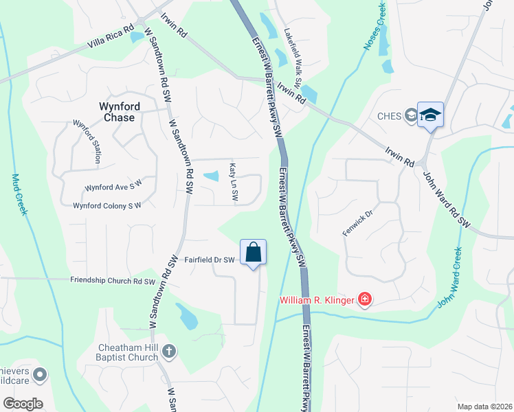 map of restaurants, bars, coffee shops, grocery stores, and more near 2625 Brookwest Lane Southwest in Marietta