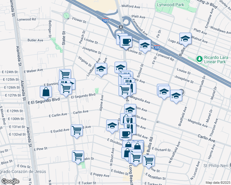 map of restaurants, bars, coffee shops, grocery stores, and more near 3364 Cedar Avenue in Lynwood
