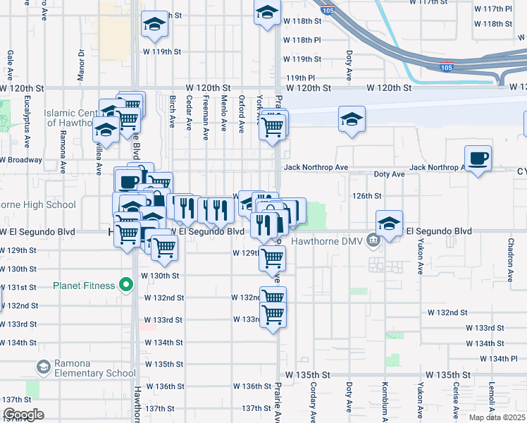 map of restaurants, bars, coffee shops, grocery stores, and more near 12644 York Avenue in Hawthorne