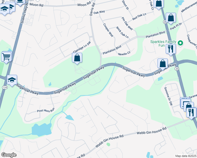map of restaurants, bars, coffee shops, grocery stores, and more near 1307 Aura Trail in Lawrenceville