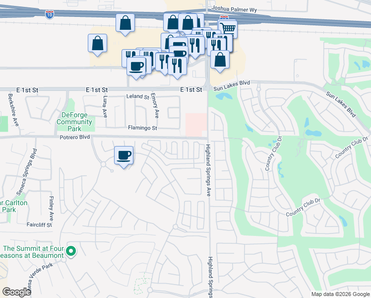 map of restaurants, bars, coffee shops, grocery stores, and more near 117 Cascade Creek in Beaumont