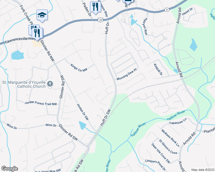 map of restaurants, bars, coffee shops, grocery stores, and more near 47 Gloster Mill Way in Lawrenceville