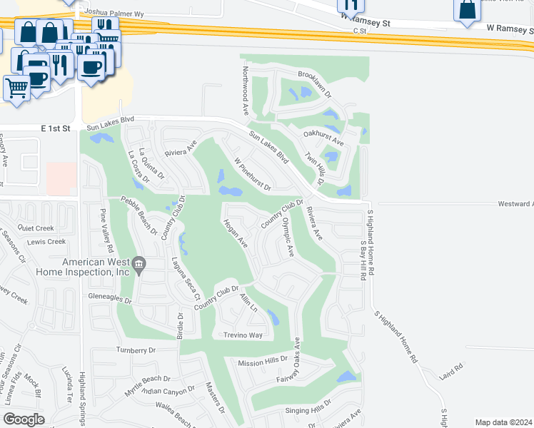 map of restaurants, bars, coffee shops, grocery stores, and more near 5223 West Palmer Drive in Banning