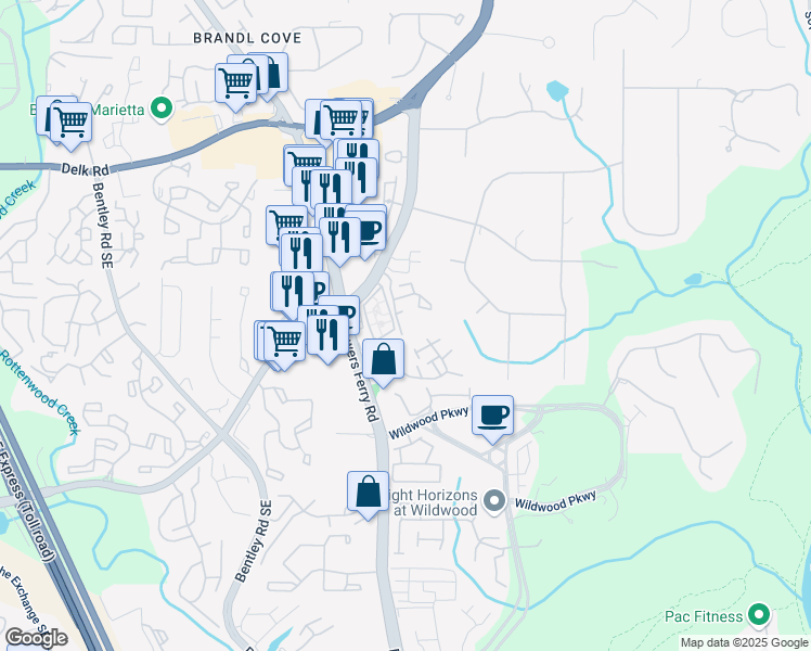 map of restaurants, bars, coffee shops, grocery stores, and more near 507 Embers Drive in Marietta
