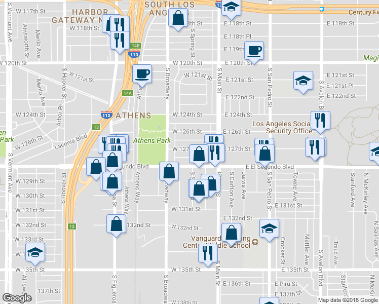 map of restaurants, bars, coffee shops, grocery stores, and more near 206 West 127th Street in Los Angeles