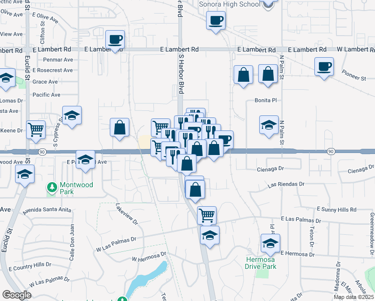 map of restaurants, bars, coffee shops, grocery stores, and more near 3 Imperial Highway in La Habra