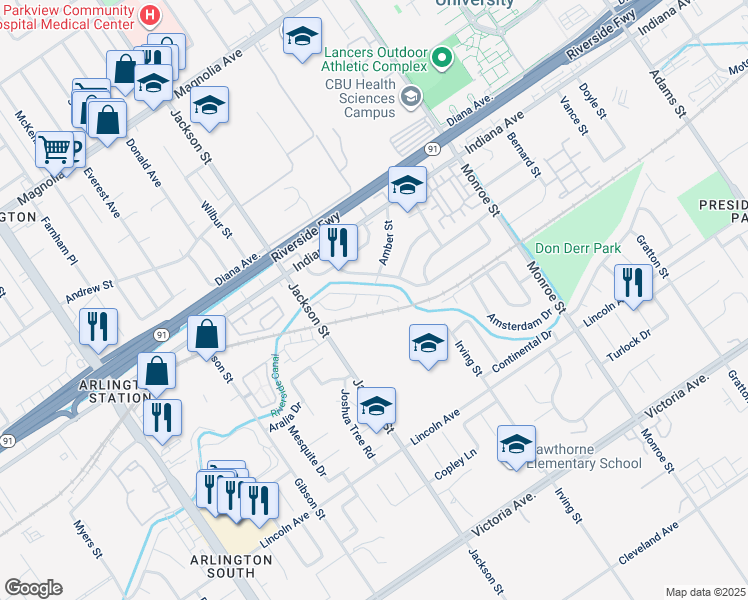map of restaurants, bars, coffee shops, grocery stores, and more near 3198 Bexfield Court in Riverside
