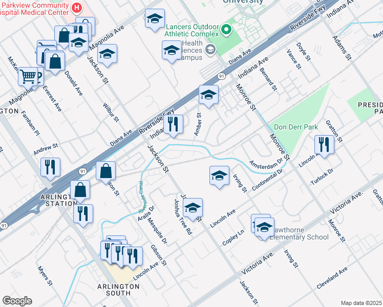 map of restaurants, bars, coffee shops, grocery stores, and more near 3198 Bexfield Court in Riverside