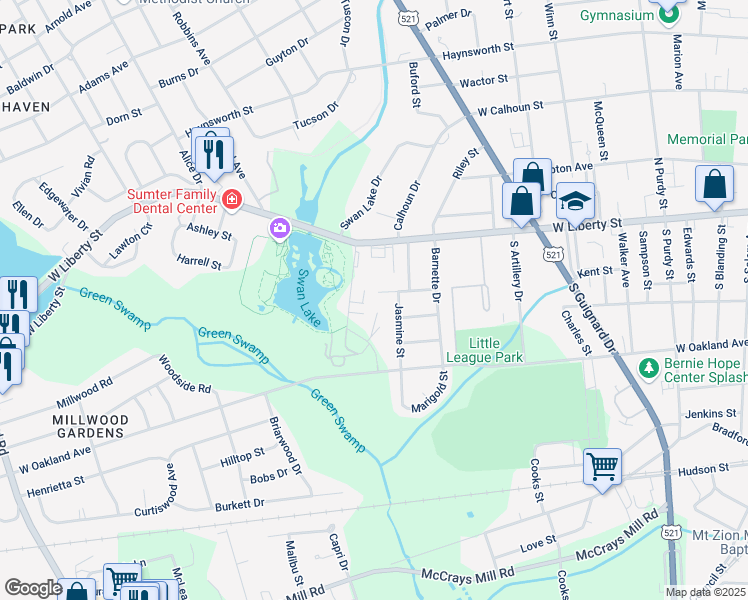 map of restaurants, bars, coffee shops, grocery stores, and more near 26 Camellia Street in Sumter