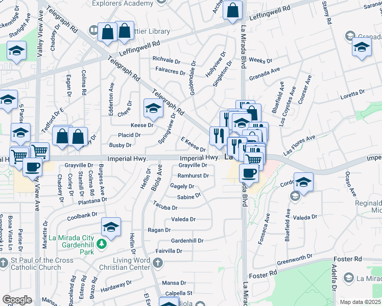 map of restaurants, bars, coffee shops, grocery stores, and more near 14772 Lucinda Drive in Whittier