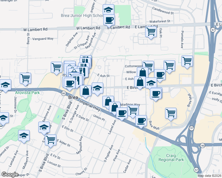 map of restaurants, bars, coffee shops, grocery stores, and more near 145 South Redwood Avenue in Brea