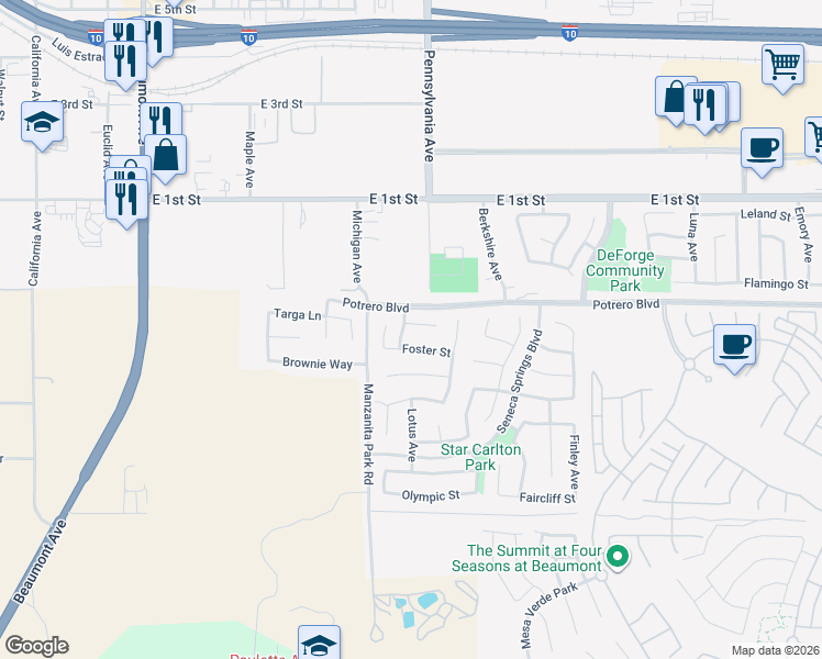 map of restaurants, bars, coffee shops, grocery stores, and more near 1258 Beck Court in Beaumont