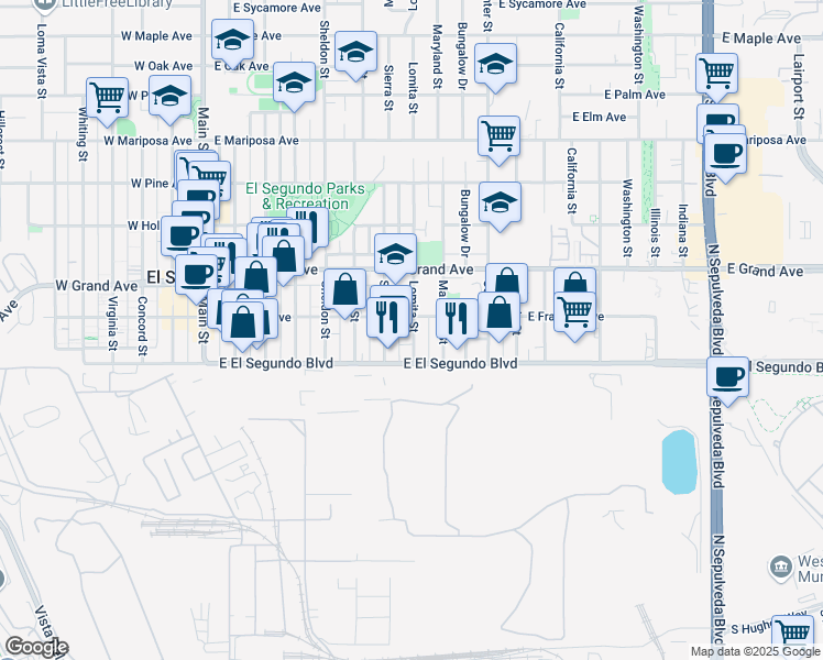 map of restaurants, bars, coffee shops, grocery stores, and more near 735 East Franklin Avenue in El Segundo