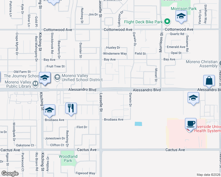 map of restaurants, bars, coffee shops, grocery stores, and more near 26166 Alessandro Boulevard in Moreno Valley