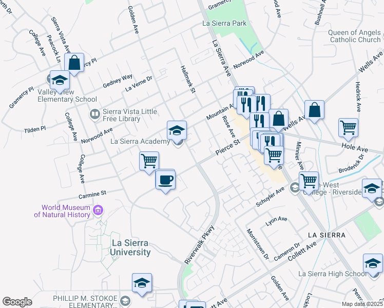 map of restaurants, bars, coffee shops, grocery stores, and more near 4945 Golden Avenue in Riverside