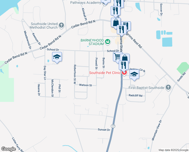map of restaurants, bars, coffee shops, grocery stores, and more near 2447 Powell Street in Gadsden