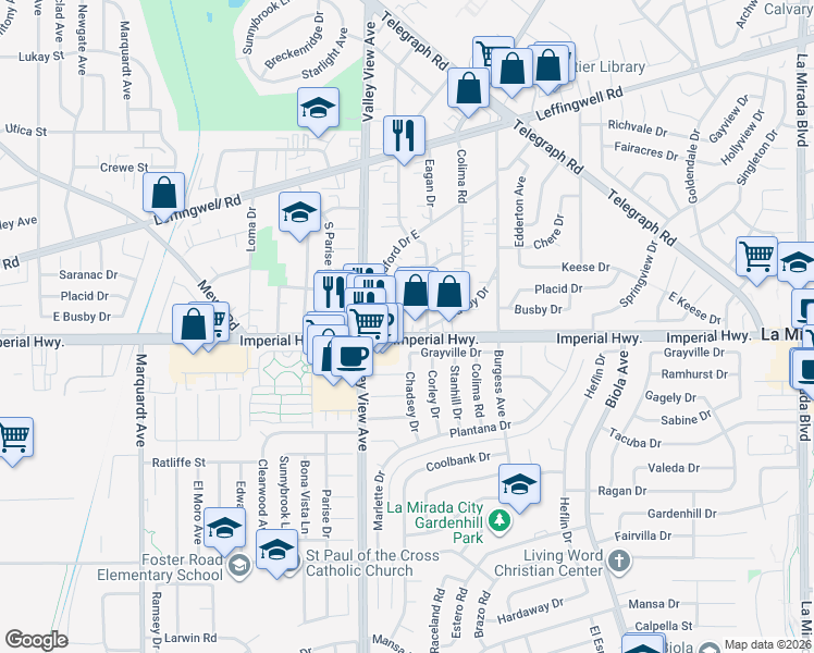 map of restaurants, bars, coffee shops, grocery stores, and more near 14276 Keese Drive in Whittier