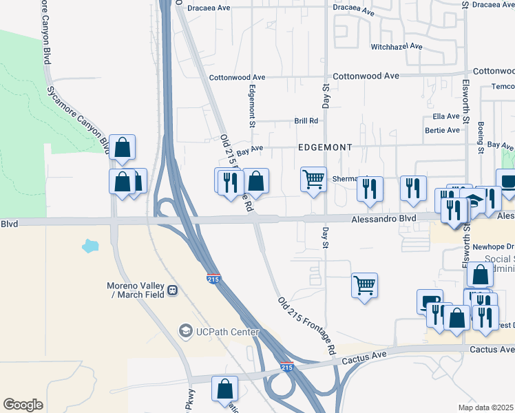 map of restaurants, bars, coffee shops, grocery stores, and more near 13960 Old 215 Frontage Road in Moreno Valley