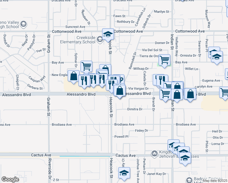 map of restaurants, bars, coffee shops, grocery stores, and more near 24050 Alessandro Boulevard in Moreno Valley
