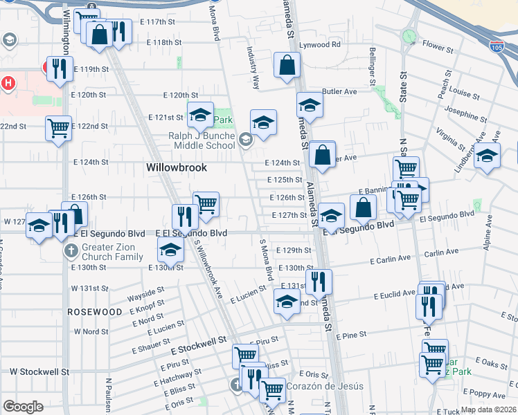 map of restaurants, bars, coffee shops, grocery stores, and more near 2514 East 126th Street in Compton
