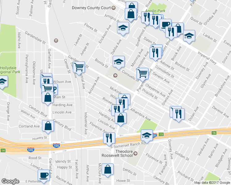 map of restaurants, bars, coffee shops, grocery stores, and more near 6100 McKinley Avenue in South Gate