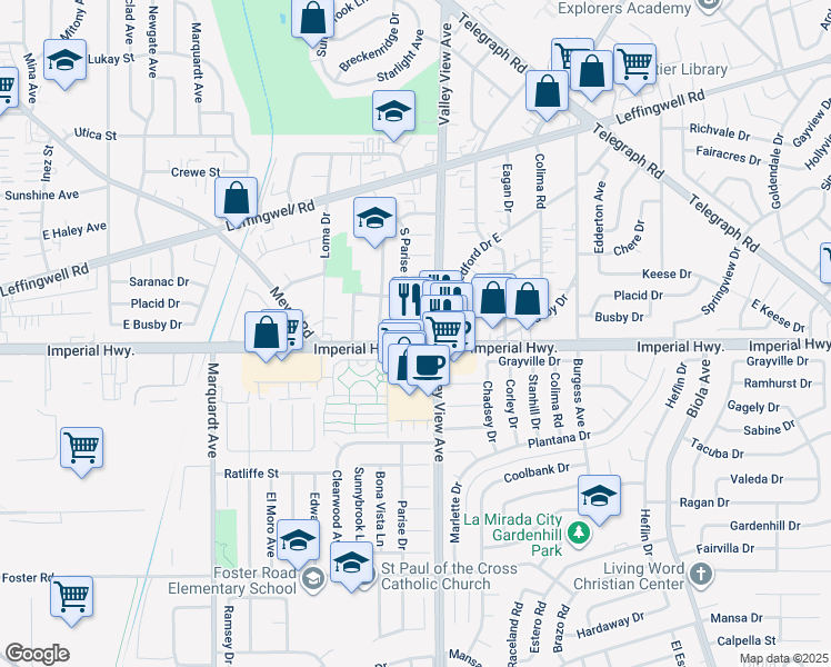 map of restaurants, bars, coffee shops, grocery stores, and more near 14125 East Busby Drive in Whittier