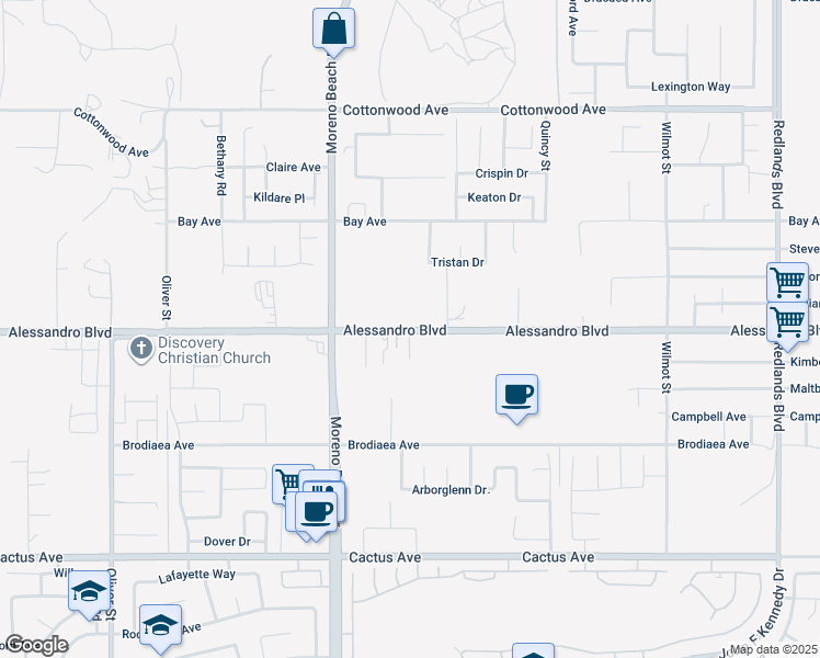 map of restaurants, bars, coffee shops, grocery stores, and more near 28196 Alessandro Boulevard in Moreno Valley