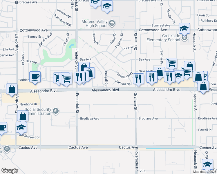 map of restaurants, bars, coffee shops, grocery stores, and more near 13964 Chagall Court in Moreno Valley