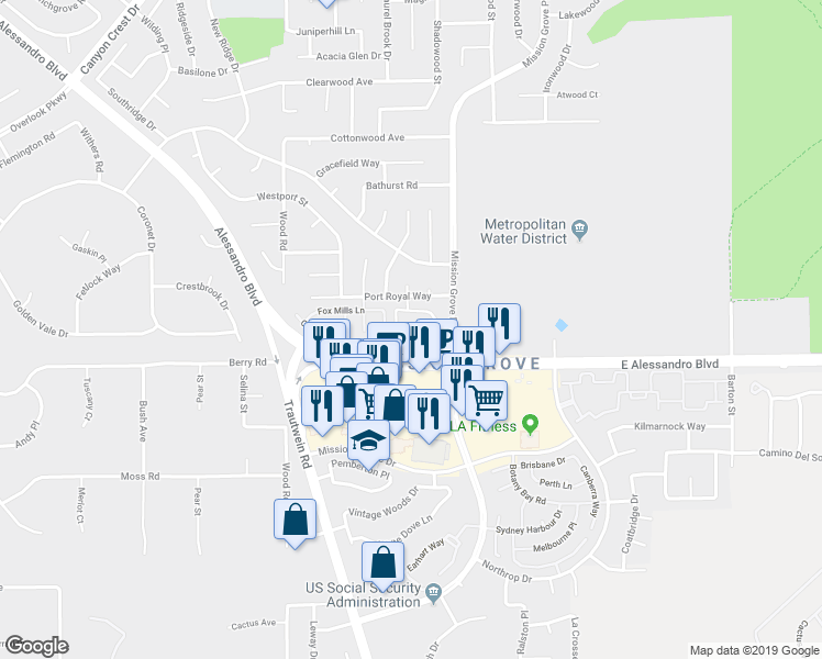map of restaurants, bars, coffee shops, grocery stores, and more near 7328 Barnstable Place in Riverside