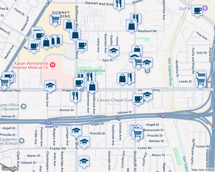 map of restaurants, bars, coffee shops, grocery stores, and more near 12424 1/2 Dunrobin Avenue in Downey