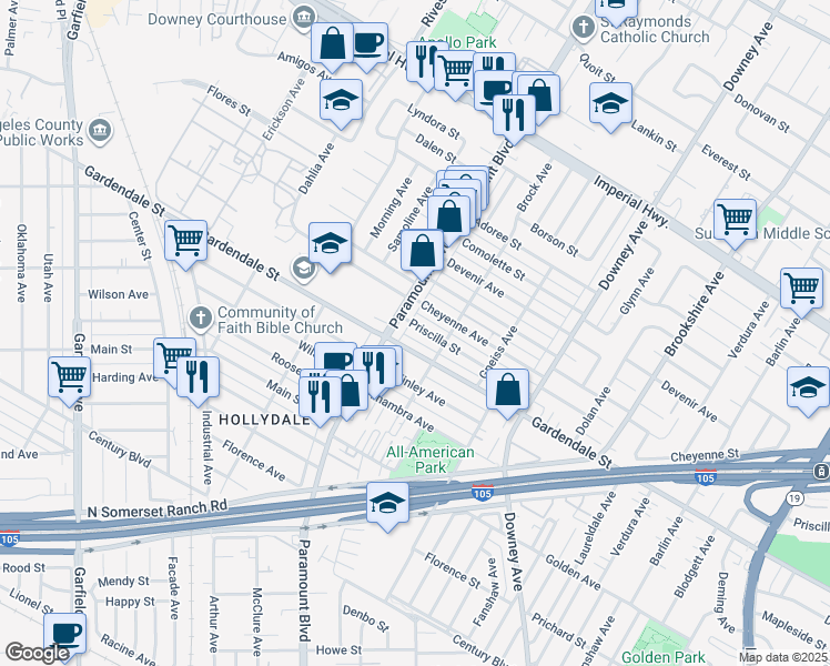 map of restaurants, bars, coffee shops, grocery stores, and more near 13028 Paramount Boulevard in Downey