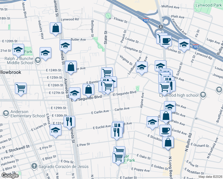 map of restaurants, bars, coffee shops, grocery stores, and more near in Lynwood