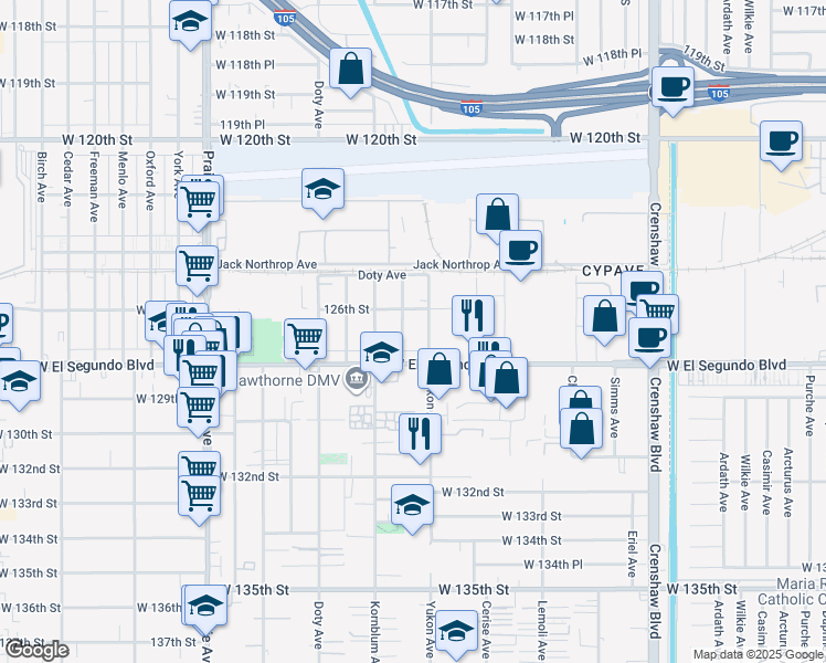 map of restaurants, bars, coffee shops, grocery stores, and more near 12523 Cranbrook Avenue in Hawthorne