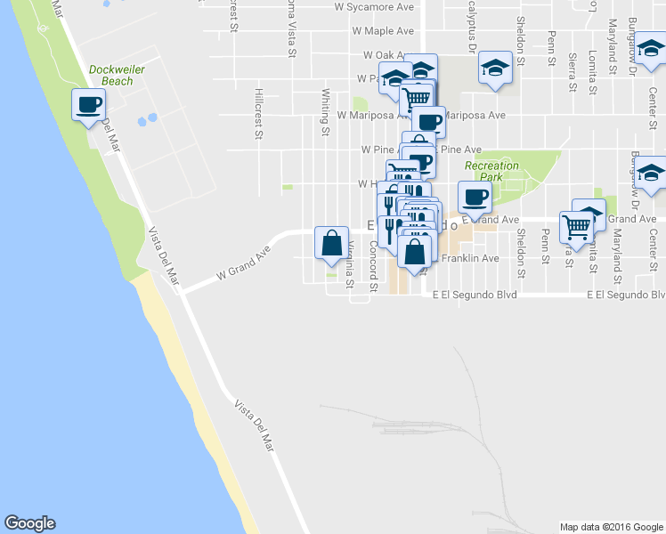 map of restaurants, bars, coffee shops, grocery stores, and more near 202 Whiting Street in El Segundo