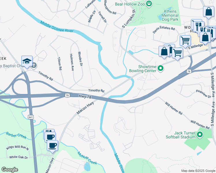 map of restaurants, bars, coffee shops, grocery stores, and more near 151 Steepleview Drive in Athens