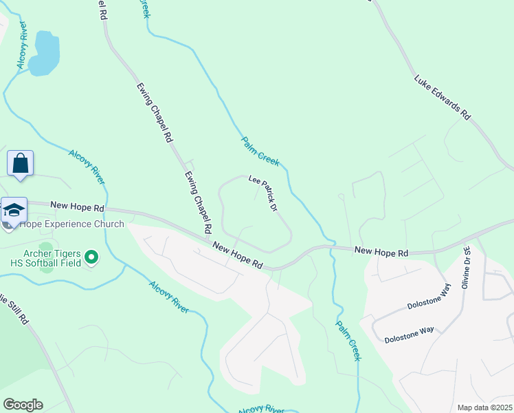 map of restaurants, bars, coffee shops, grocery stores, and more near 1765 Rubye Lee Lane Southeast in Dacula