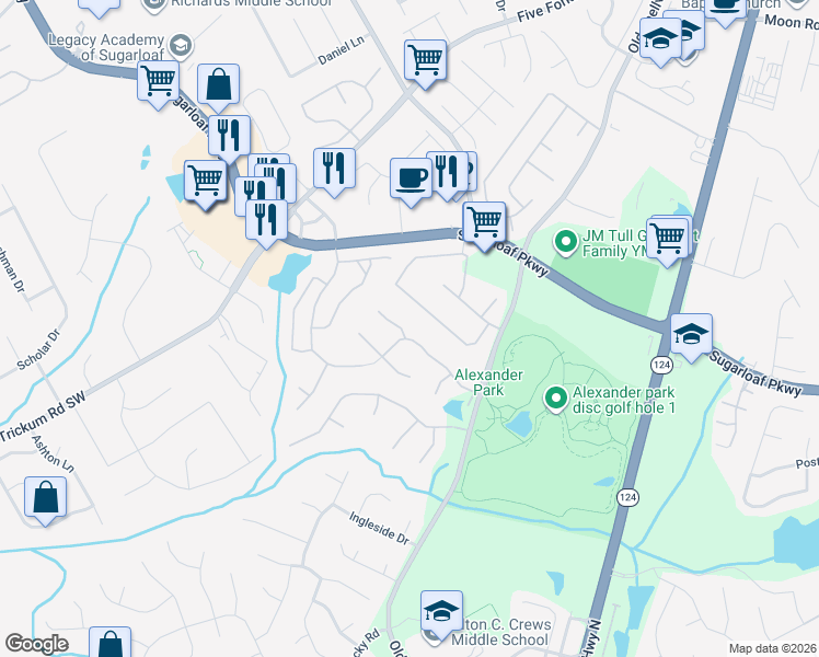 map of restaurants, bars, coffee shops, grocery stores, and more near 1254 Thorncliff Court in Lawrenceville