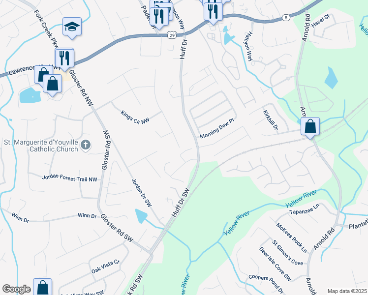 map of restaurants, bars, coffee shops, grocery stores, and more near 47 Gloster Mill Way in Lawrenceville