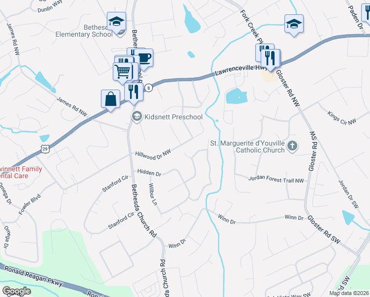 map of restaurants, bars, coffee shops, grocery stores, and more near 262 Hardwood Lane Northwest in Lawrenceville