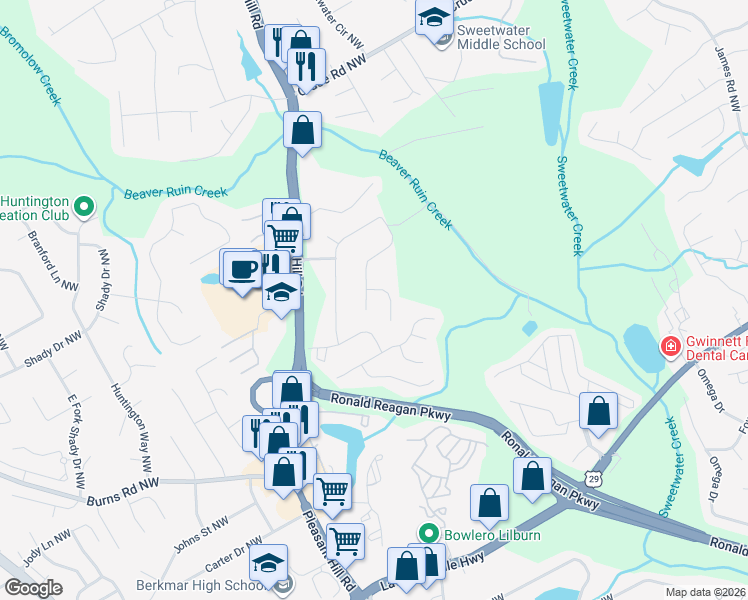map of restaurants, bars, coffee shops, grocery stores, and more near 934 Rebecca Street Northwest in Lilburn