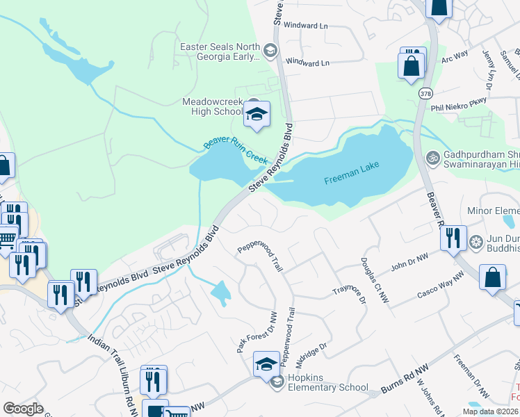 map of restaurants, bars, coffee shops, grocery stores, and more near 4595 Freeman Lake Court in Norcross