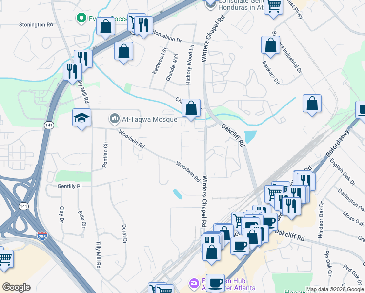map of restaurants, bars, coffee shops, grocery stores, and more near 2836 Woodwin Road in Atlanta