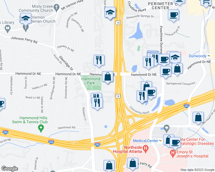 map of restaurants, bars, coffee shops, grocery stores, and more near 789 Hammond Drive in Sandy Springs