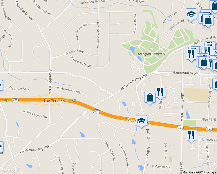 map of restaurants, bars, coffee shops, grocery stores, and more near 305 Heards Ferry Road Northwest in Atlanta
