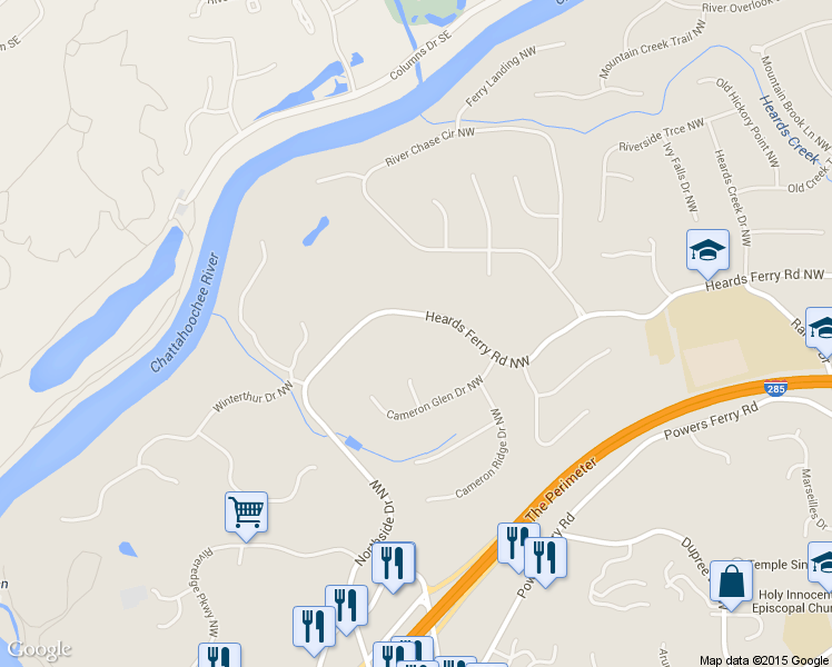 map of restaurants, bars, coffee shops, grocery stores, and more near 1260 Heards Ferry Road Northwest in Sandy Springs