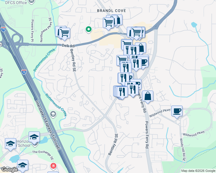 map of restaurants, bars, coffee shops, grocery stores, and more near 1390 Old Virginia Court Southeast in Marietta